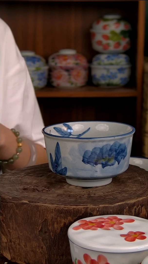 瓷片5英寸竹节碗-青花牡丹