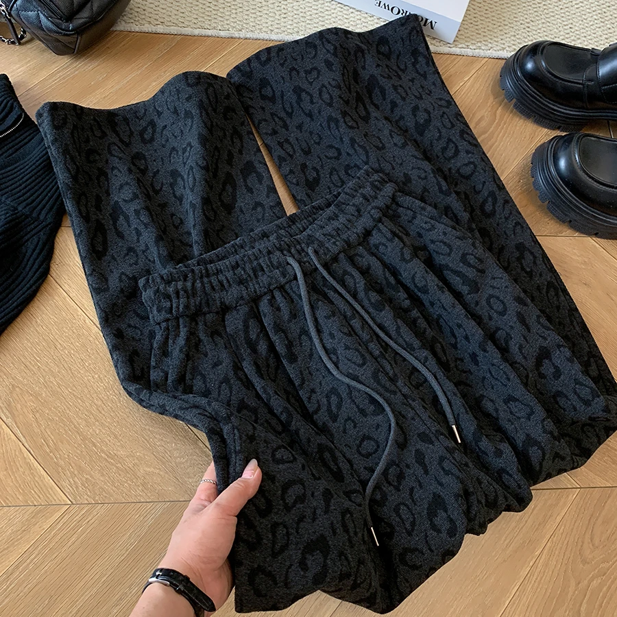 2025秋冬季韩系高腰显瘦宽松垂感褶皱松紧腰阔腿抽绳豹纹休闲裤女