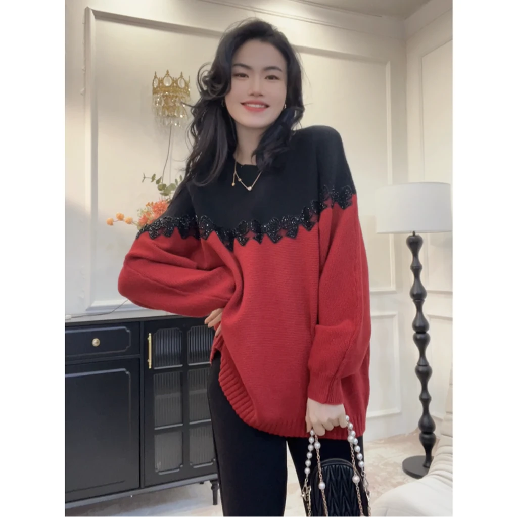 小众设计感钉珠厚款毛衣秋冬拼接假两件宽松针织上衣女pp