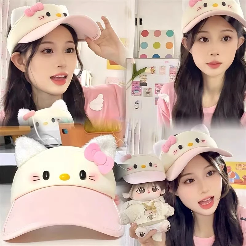 HelloKitty防晒空顶帽可爱棒球遮阳大帽檐显脸小卡通少女遮阳帽j