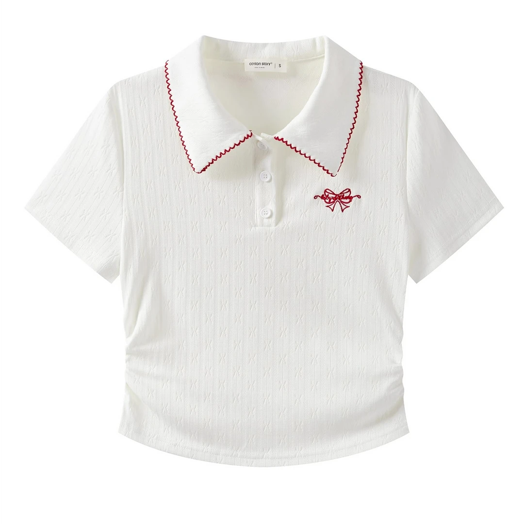 -白色蝴蝶结刺绣polo领短袖t恤女2025新款学院风上衣 Y50550954