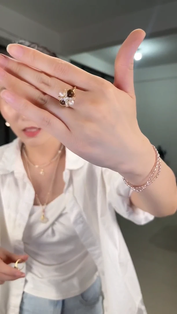 戒指合金淡水珍珠虎眼珍珠四叶草戒指