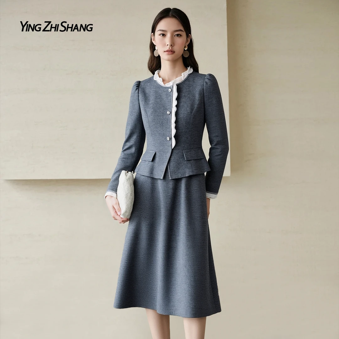 【月映松烟】赢智尚羊毛千金裙！松烟灰手缝珍珠扣通勤神裙ZF04120