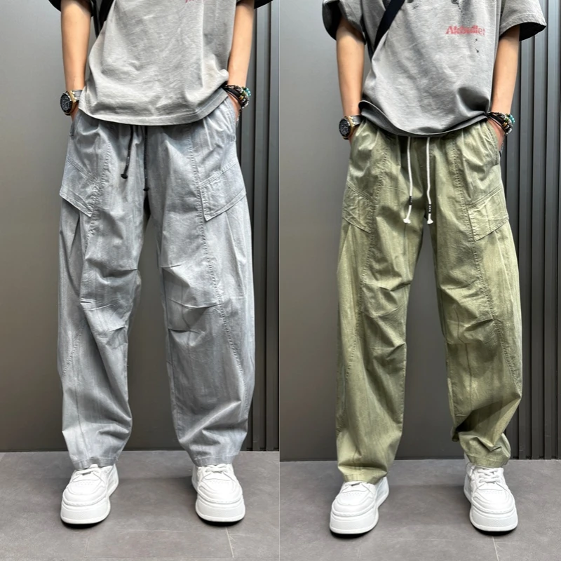 潮流宽松速干冰丝裤2025春夏痞帅直筒裤纯色阔腿裤美式工装休闲裤