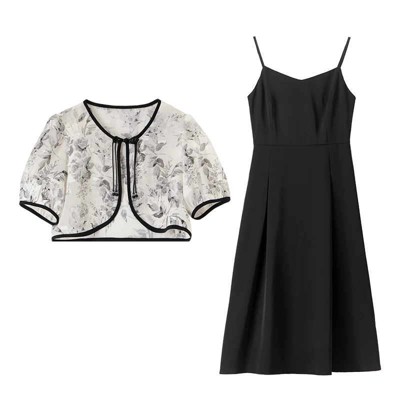 怀旧复古风水墨画印花盘扣上衣吊带连衣裙套装54868