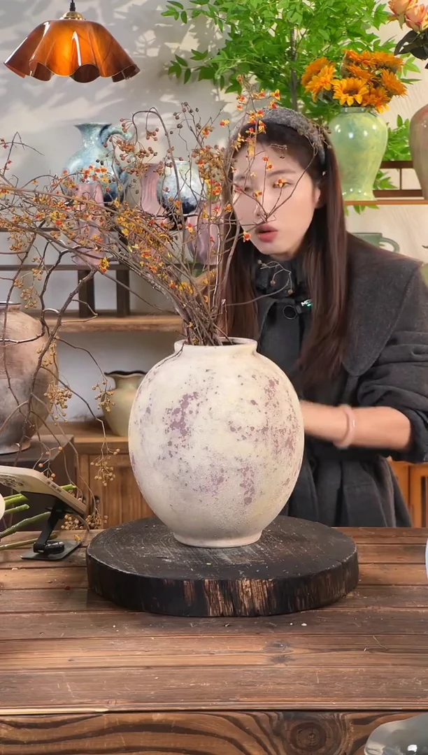 【斑点红月亮罐】侘寂风斑驳陶罐水培陶瓷花瓶【口10直径24高24.5cm】