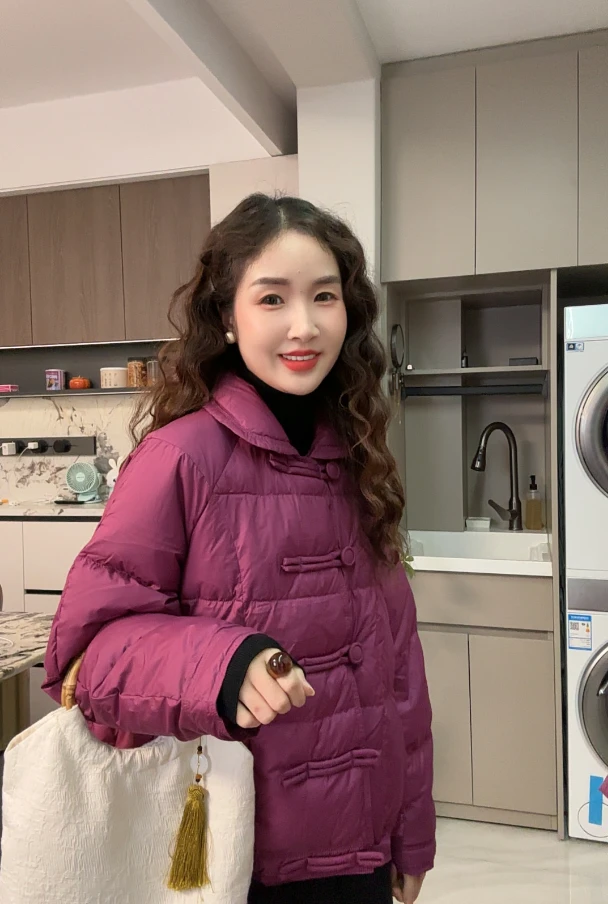 月月自制 新中式小翻领短款宽松白鸭绒羽绒服外套女