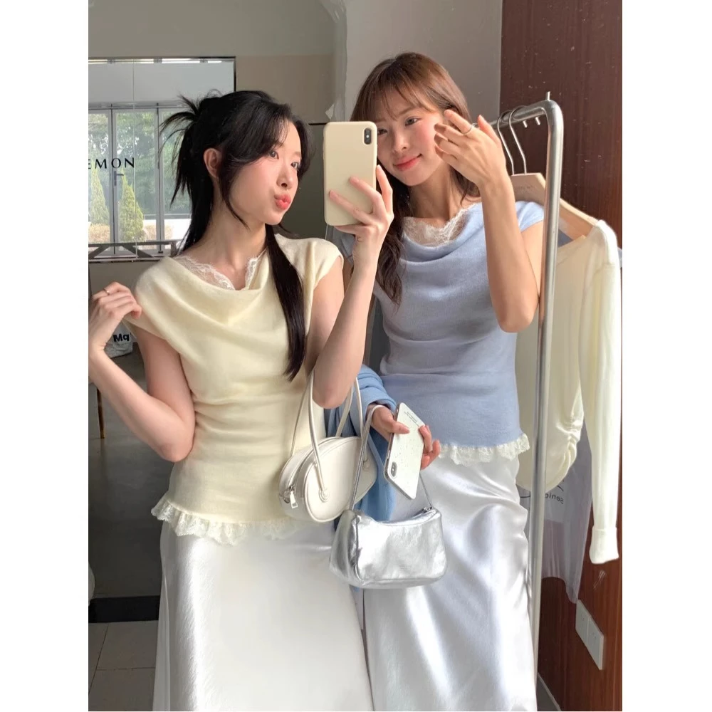 蕾丝花边拼接荡领坎肩针织衫女夏季穿搭纯欲辣妹修身短上衣I1-37