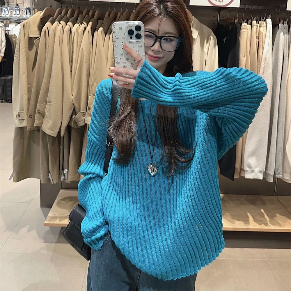 2025春季新款时尚针织上衣圆领长袖慵懒风百搭宽松休闲洋气上衣女