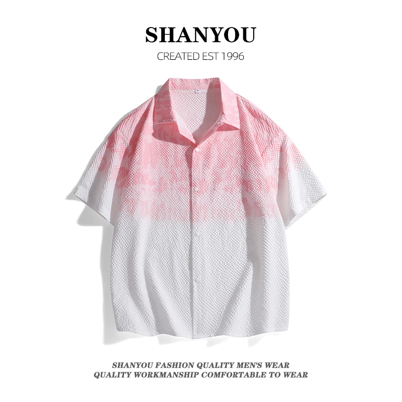 肌理感短袖衬衫男士休闲衬衣2025加肥加大渐变扎染设计感薄款衬衣