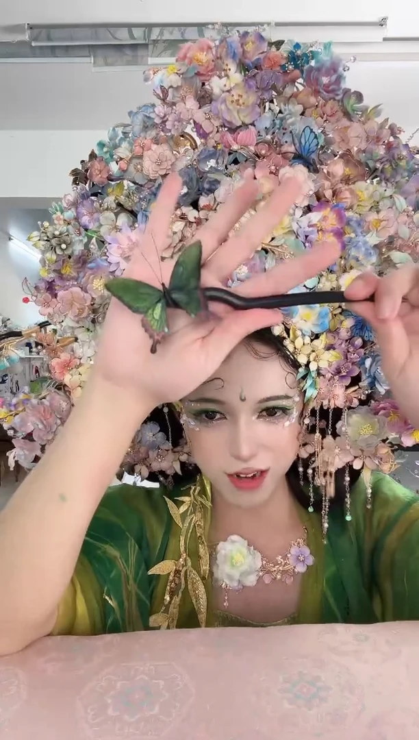 合金无651 非遗绒花 颤蝶黄绿蝴蝶发簪