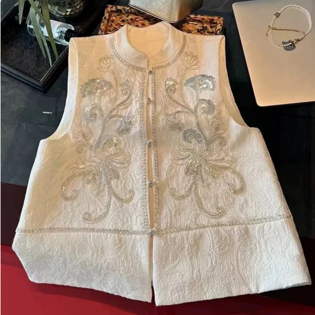 【LX】QYL钉珠时尚提花缎面马夹透气休闲春季条纹气质刺绣中式国风