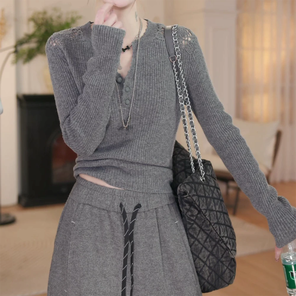 秋冬新款毛针织衫打底衫显瘦修身镂空套头长袖上衣休闲百搭C6559