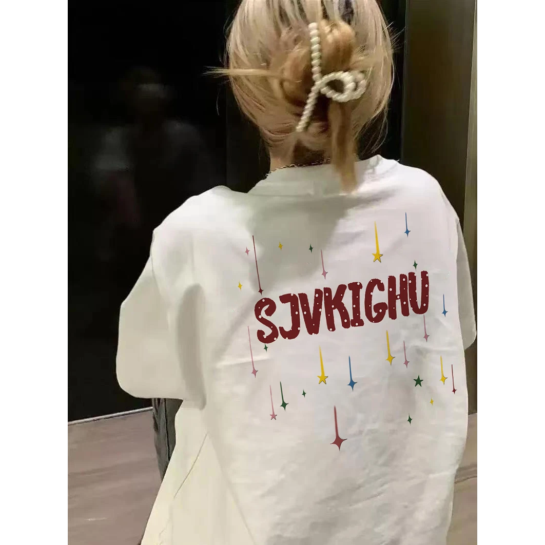 【帝韵】纯棉星星印花复古短袖白色t恤女夏季宽松显瘦百搭半袖上衣