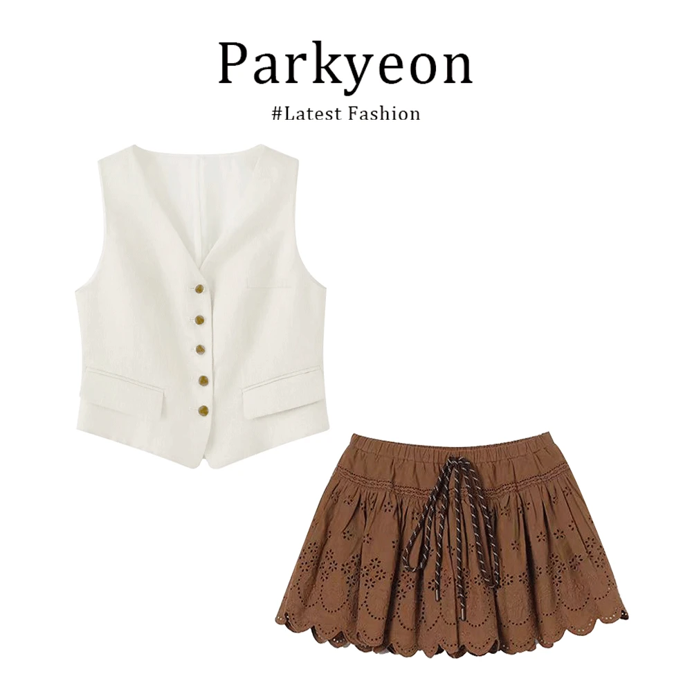 parkyeon韩系小香风时尚套装独特修身背心上衣设计感镂空短裙套装