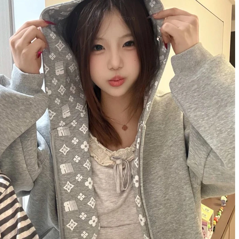 【ZHAP】美式复古灰色开衫连帽卫衣女秋冬慵懒风拉链宽松百搭外套潮