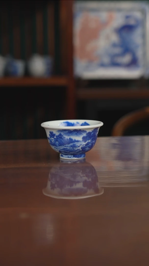 晓月柴窑 山水压手杯