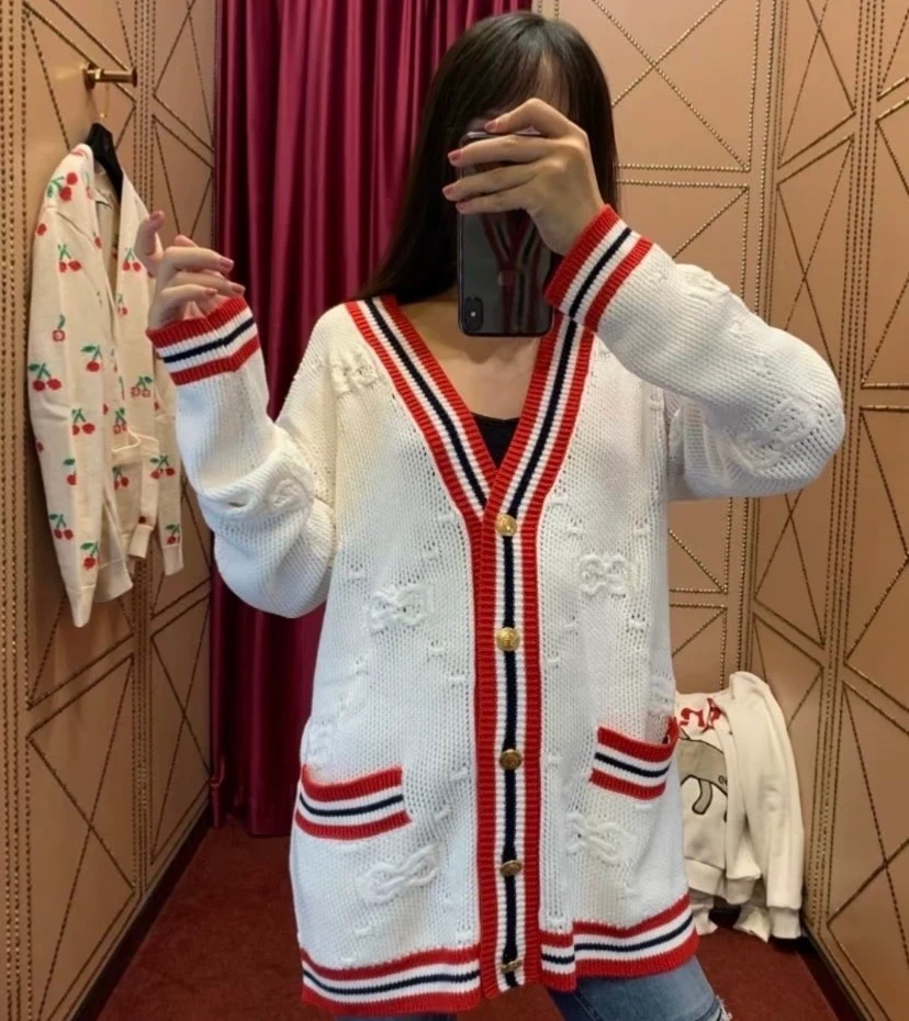 95新 GUCCI/古驰  CW0070 logo提花镂空羊毛V领长袖针织开衫外套