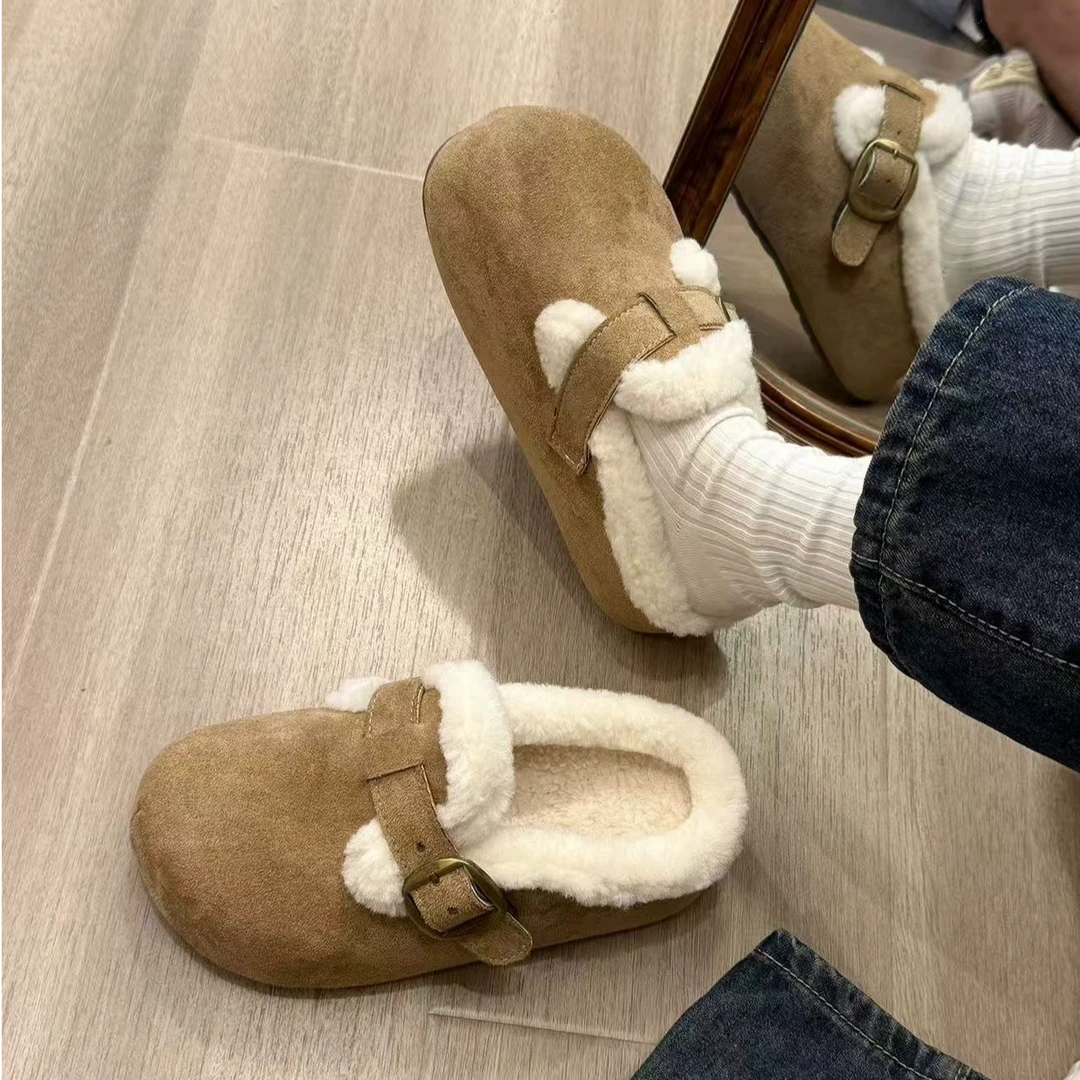 三福勃肯鞋加绒毛毛拖鞋女外穿冬季新款一脚蹬懒人内增高包头棉拖