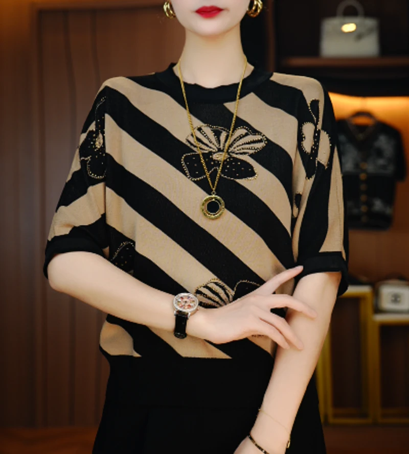 春夏款琉璃冰感丝套头针织衫短袖女洋气女装宽松冰感上衣V25Q290