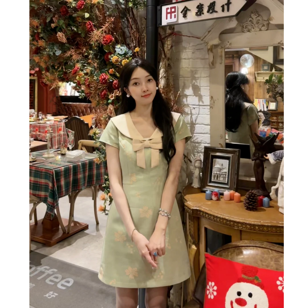 夏季新款连衣裙绿色小裙子气质蝴蝶结碎花短裙8091
