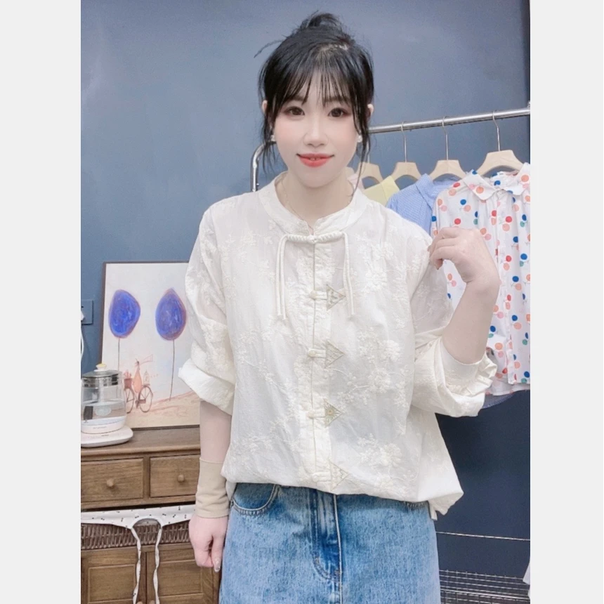 长袖新中式白色气质宽松小众提花设计感中国风刺绣复古衬衫