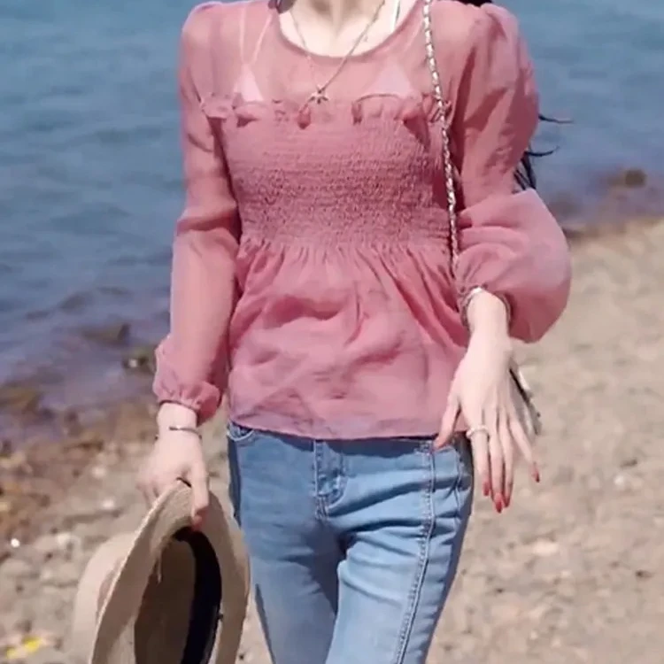 新款弹力褶皱显瘦上衣开叉珍珠牛仔裤套装JYFSTQ240301 10918