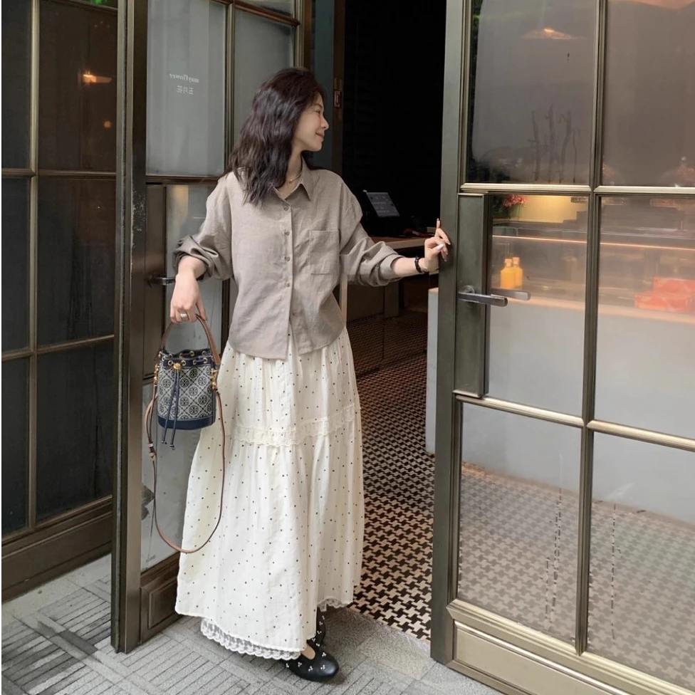 韩系氛围感高腰裙子蕾丝拼接波点半身裙女秋百搭显气质A字裙新款