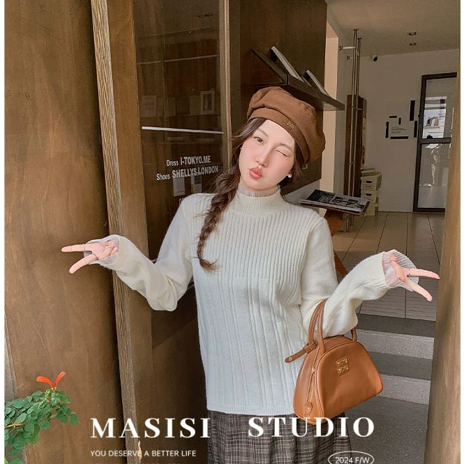 【宠粉回馈】马西西假两件网纱拼接针织打底衫女冬大码显瘦长袖上衣