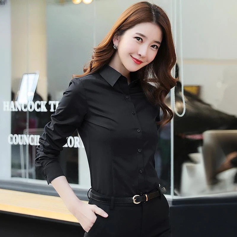 新款黑色衬衫女长袖修身职业白色衬衣气质套装女士工作服上衣休闲