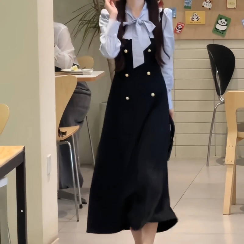 学院千金风假两件蝴蝶结连衣裙大码女装胖mm小香风长袖撞色裙子女