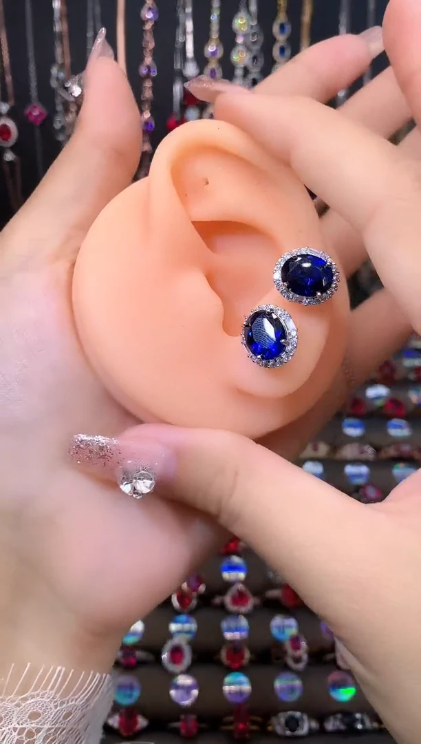 蓝宝石耳饰银S925镶嵌810银色皇家蓝