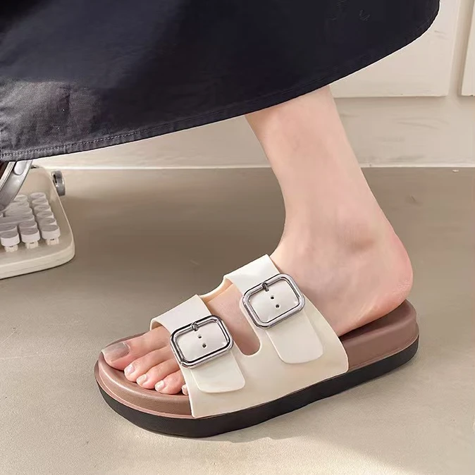 2025夏季新款网红时尚升级版双扣百搭休闲厚底外穿女拖鞋防滑
