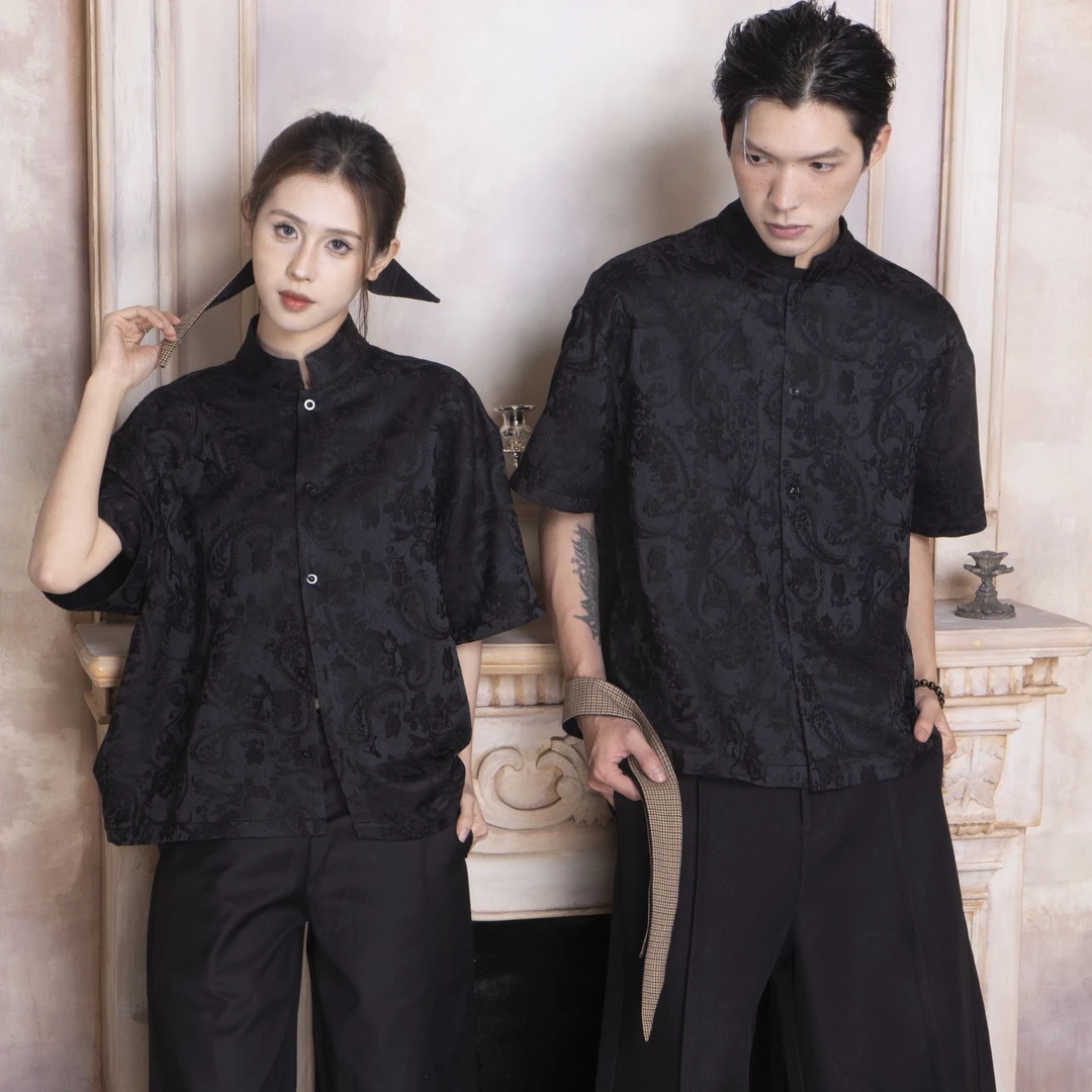 WESSK新中式国风腰果花可拆领巾暗纹肌理提花夏季休闲短袖衬衫