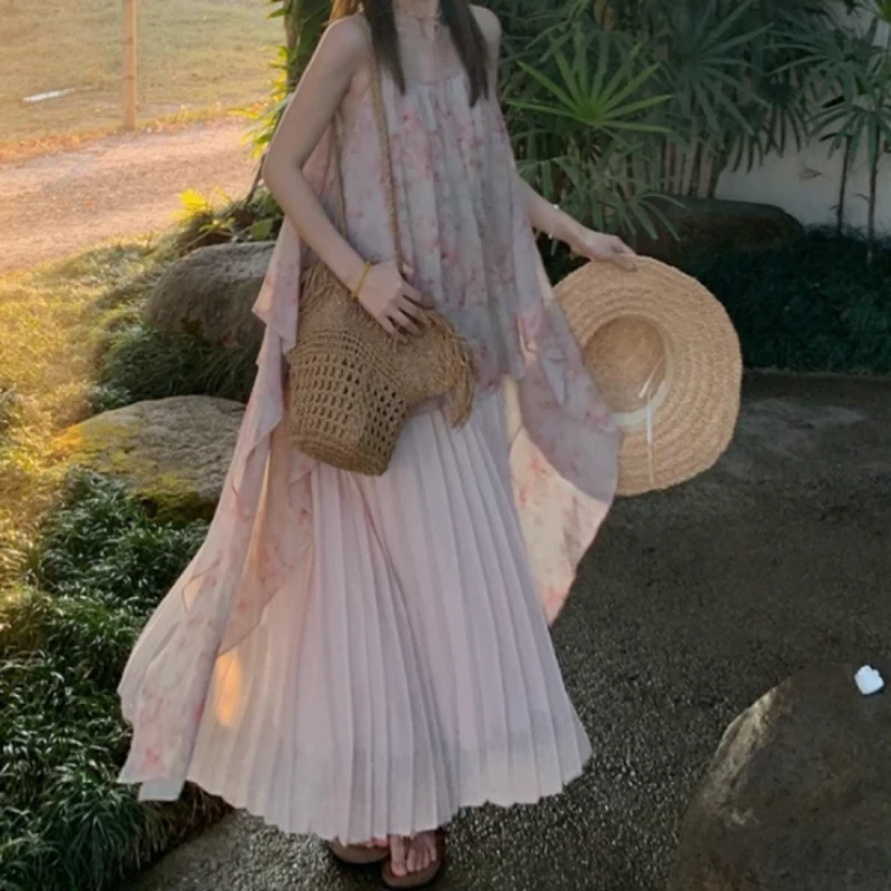 【桃之夭夭】春夏海边度假风晕染碎花吊带连衣裙小众中长款设计感