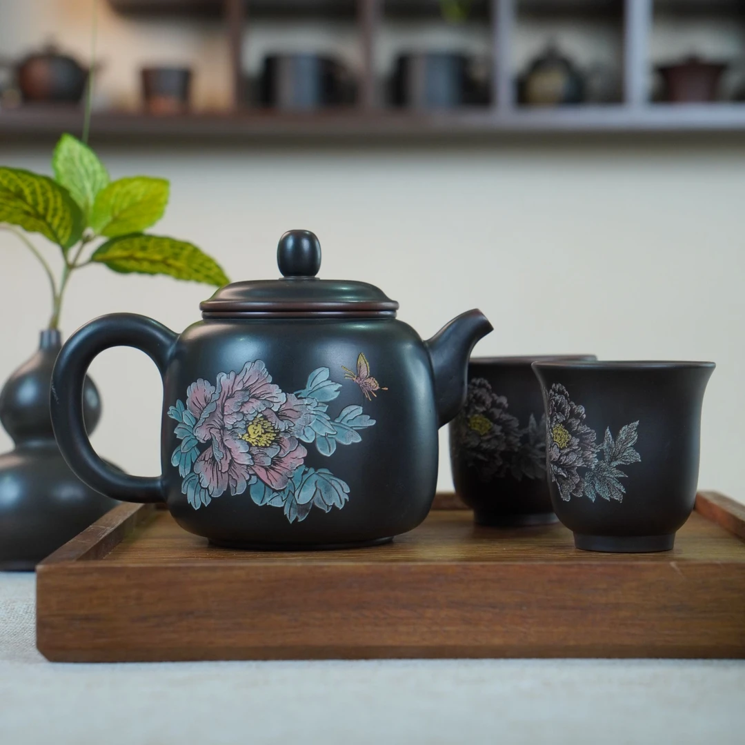 陶礼【花开富贵】广西钦州坭兴陶牡丹壶275ml一壶两杯套装