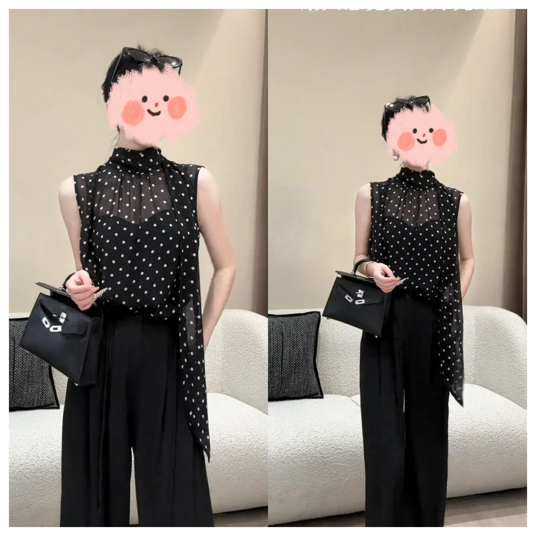 轻奢夏季飘带无袖波点衬衫上衣高腰显瘦垂感西裤直筒裤套装女气质