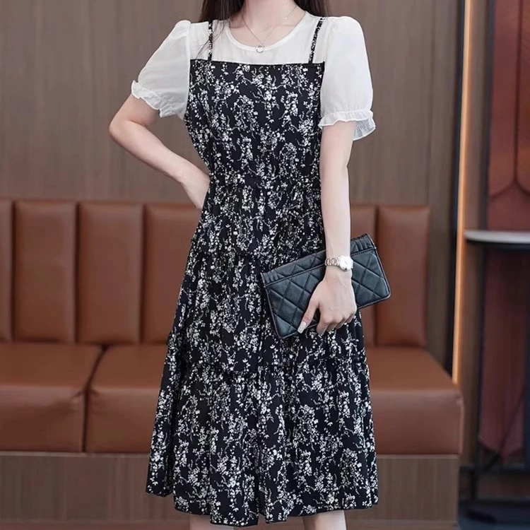 短袖假两件2025年夏季复古碎花连衣裙女士新款显瘦气质休闲蛋糕裙