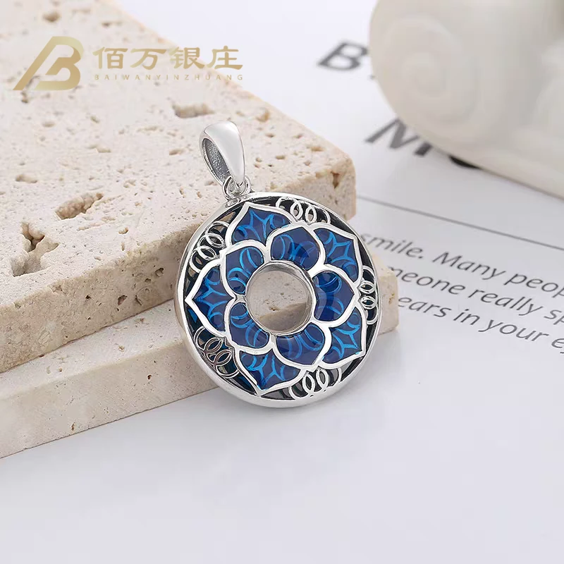 吊坠925银 【佰万银庄】S925银莲花珐琅彩平安扣吊坠手工百搭复古