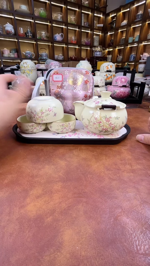 瓷片桃花3杯宝瓶旅行+长方桃花盘