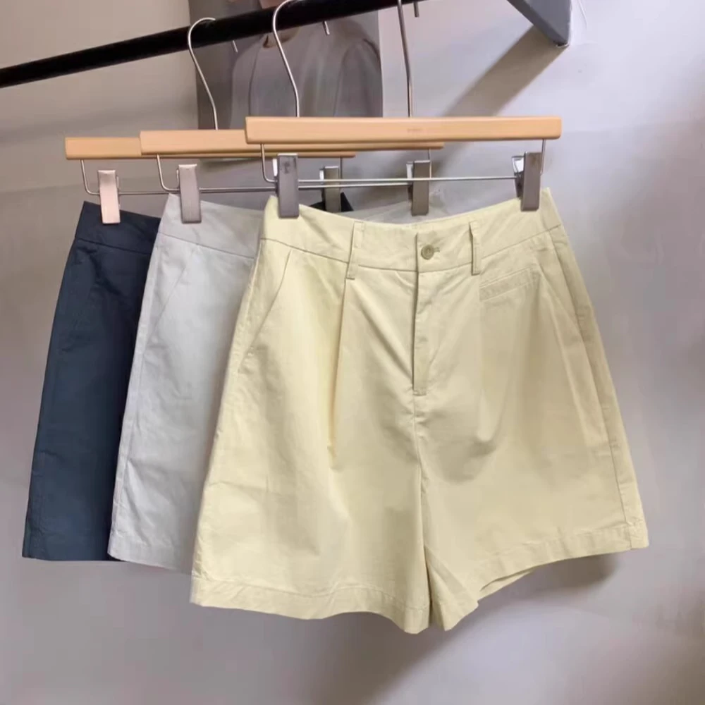 AK5012夏季韩版百搭高腰压褶宽松休闲短裤2024简约显瘦阔腿裤女