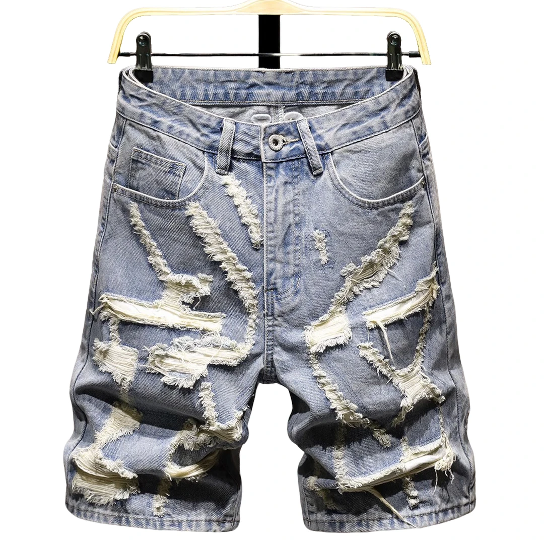 9063重工洗水高街流行破洞补丁牛仔短裤痞帅宽松男生时尚过膝中裤