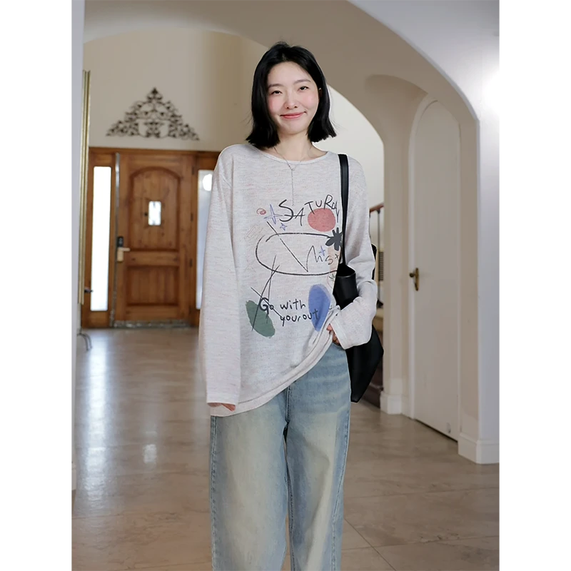 郭九九呢 涂鸦薄款休闲基础宽松显瘦长袖t恤直筒牛仔裤G925Y00998