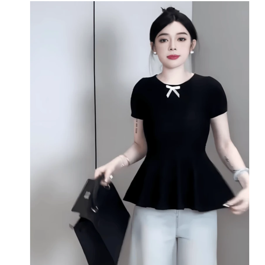 大码法式蝴蝶结正肩短袖t恤女夏季微胖mm独特别致收腰遮肚子上衣