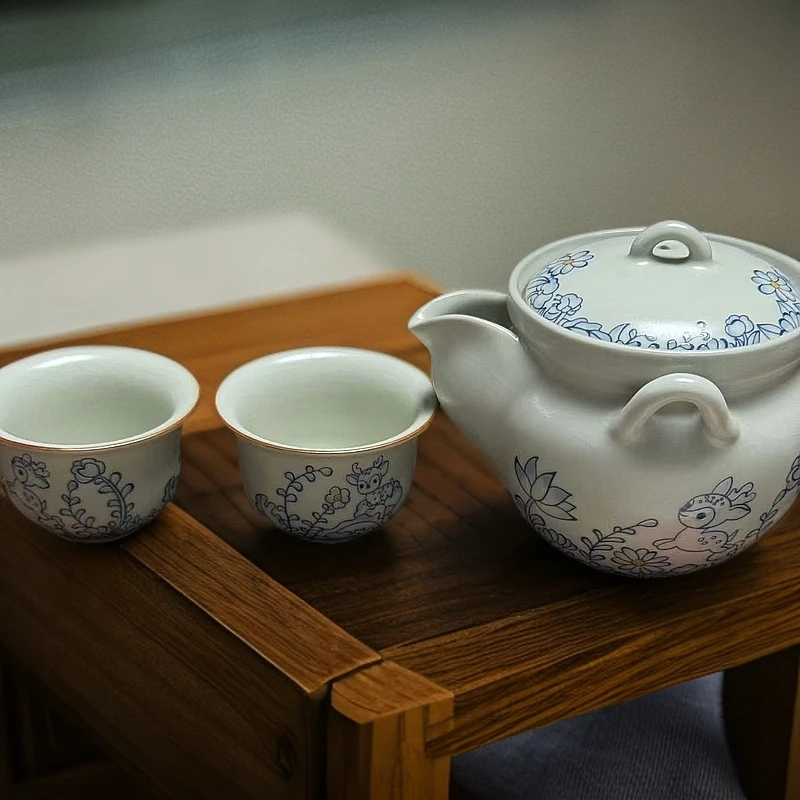153汝窑旅行茶具茶艺套装一壶两杯陶瓷青瓷简约中式大容量茶道