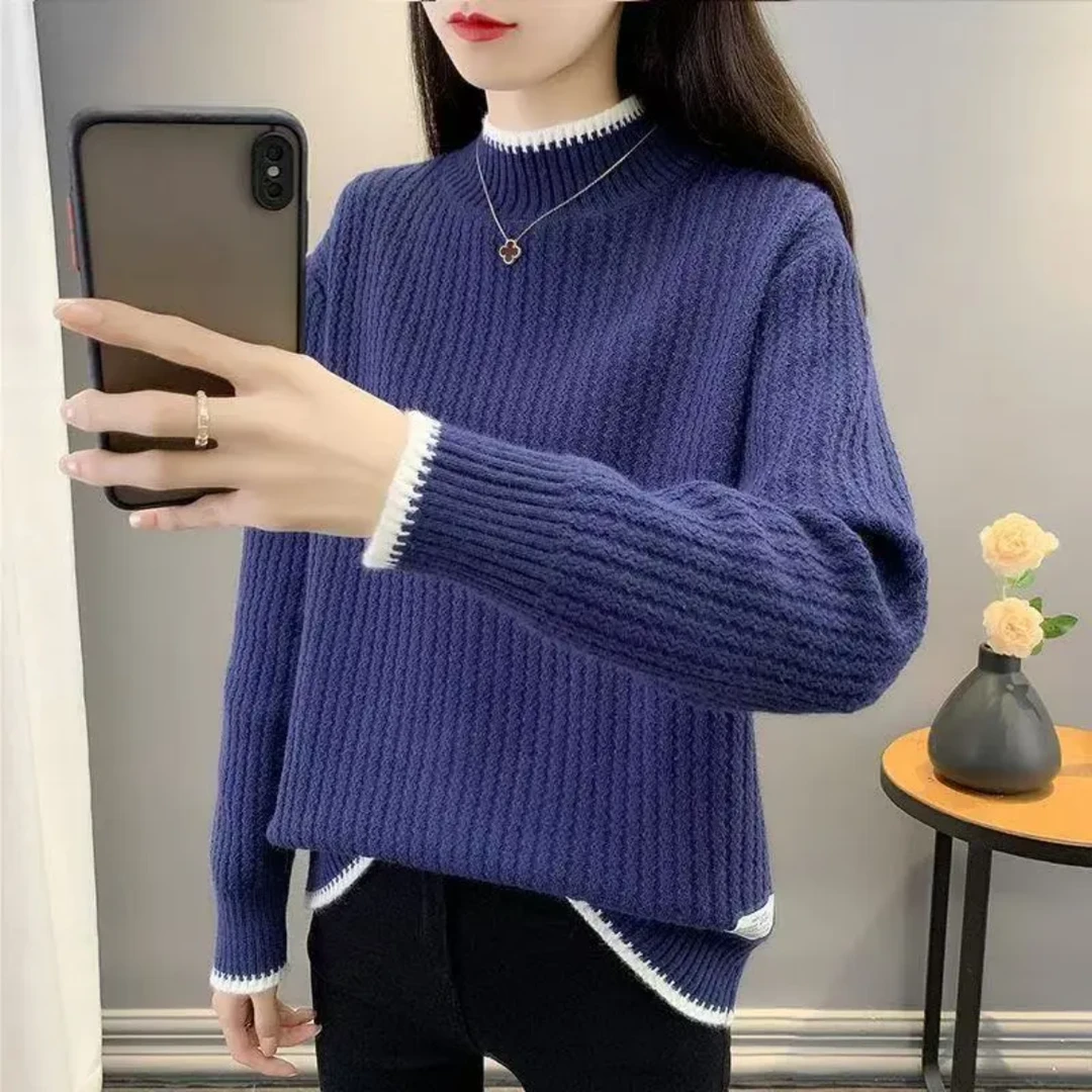【蓝色圆领套头毛衣】秋款半高领上衣女套头外穿保暖针织衫打底
