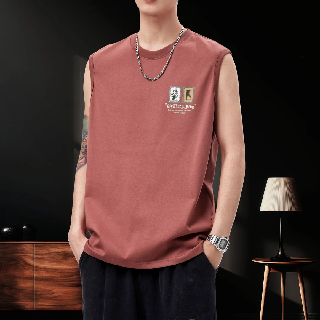 夏季230g重磅美式休闲男士背心运动宽松无袖T恤新款印花时尚坎肩