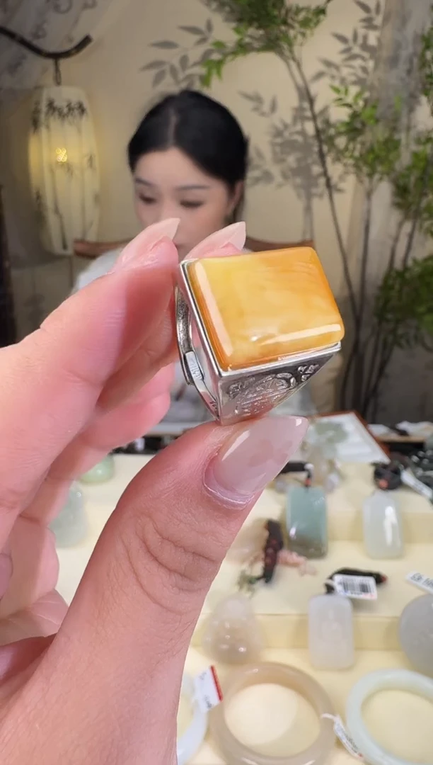 琥珀银S925镶嵌戒指戒指