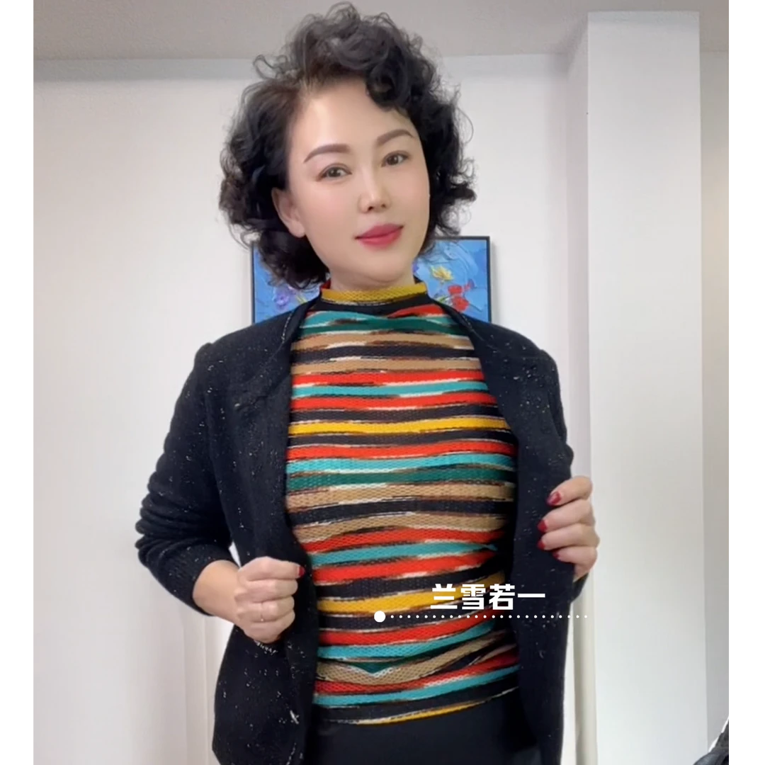 【售完无补清仓】半高领撞色条纹中袖弹力网纱打底衫LX0552