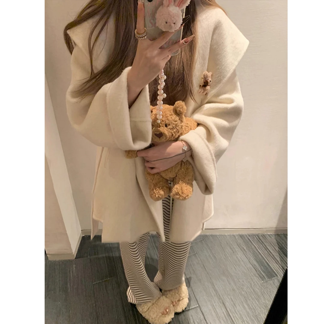 深灰色双面呢大衣女2025冬季新款韩系小个子短款连帽毛呢外套